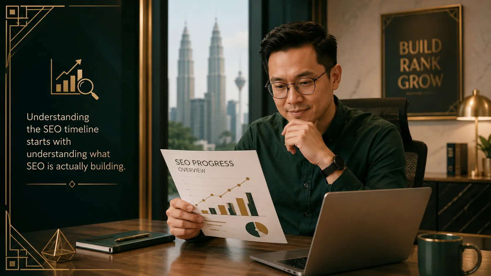 Malaysian business owner reviewing SEO progress report at a desk