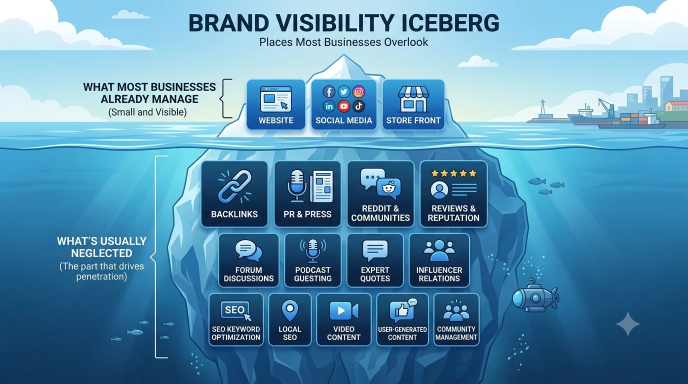 Iceberg illustrating visible brand touchpoints above the waterline and hidden penetration signals below it