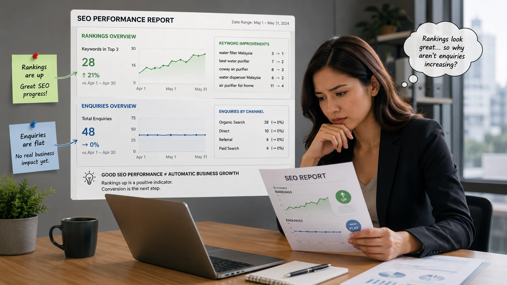 Marketing manager reviewing an SEO report with rankings up but enquiries flat
