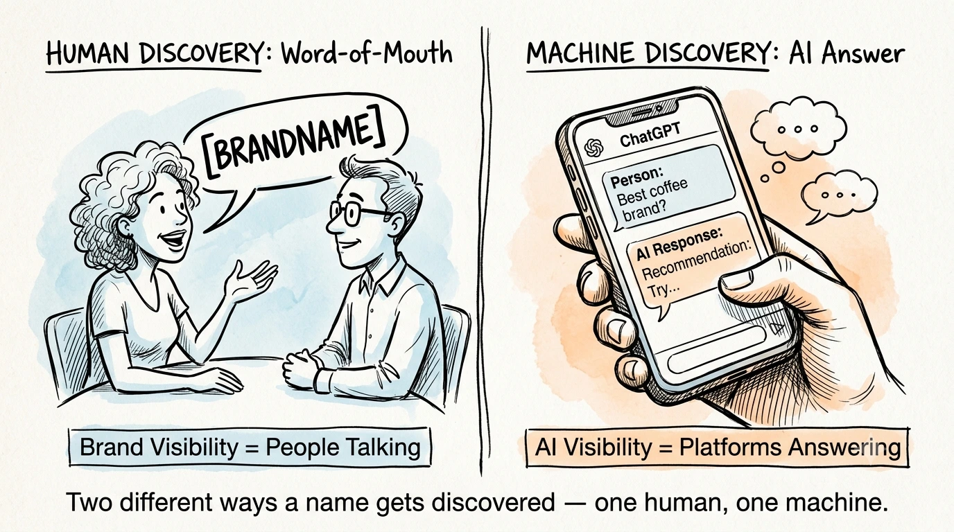 Split image showing word-of-mouth conversation next to someone using an AI chat app