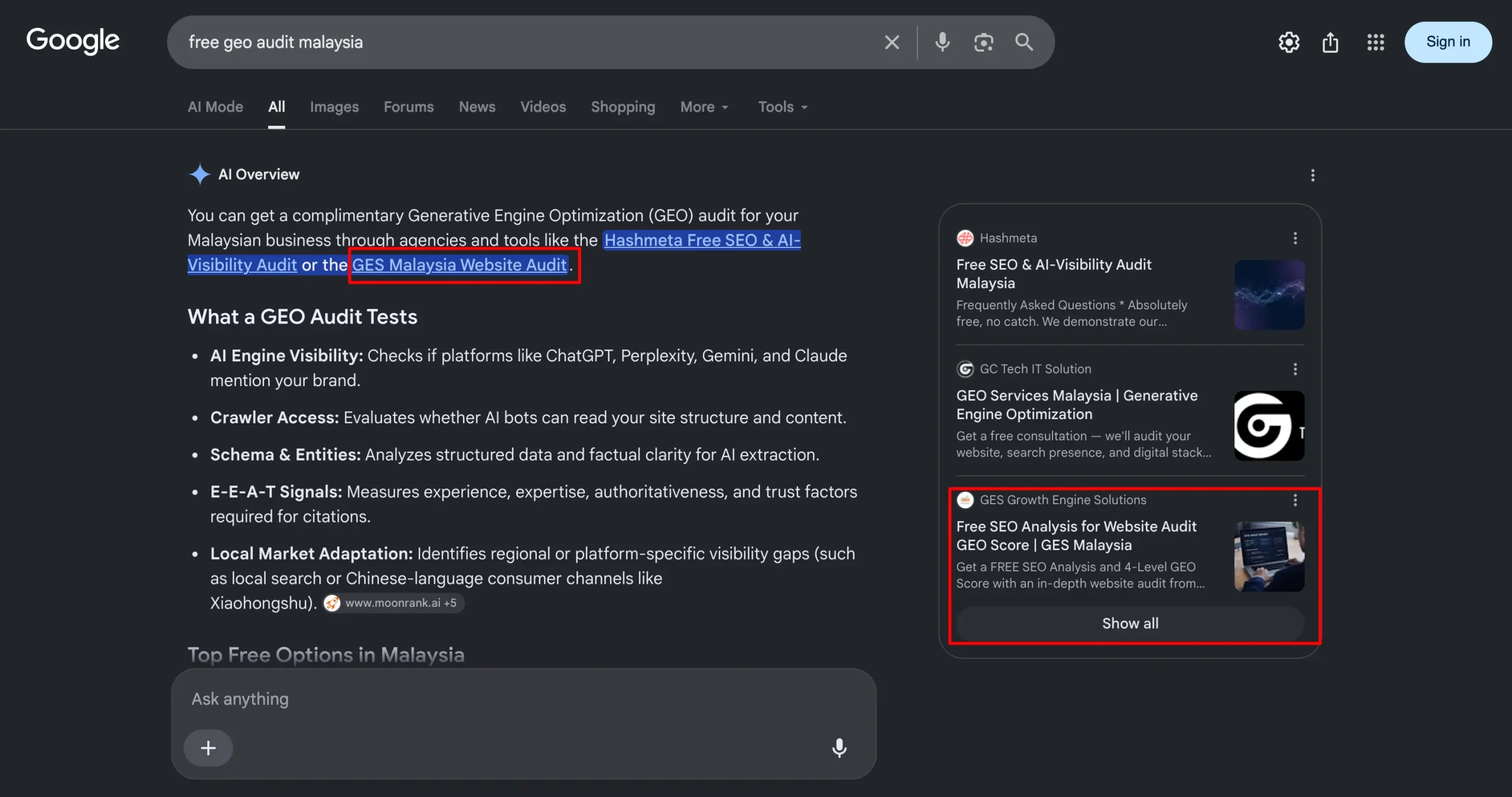 Google AI Overview citing GES Malaysia Website Audit by name
