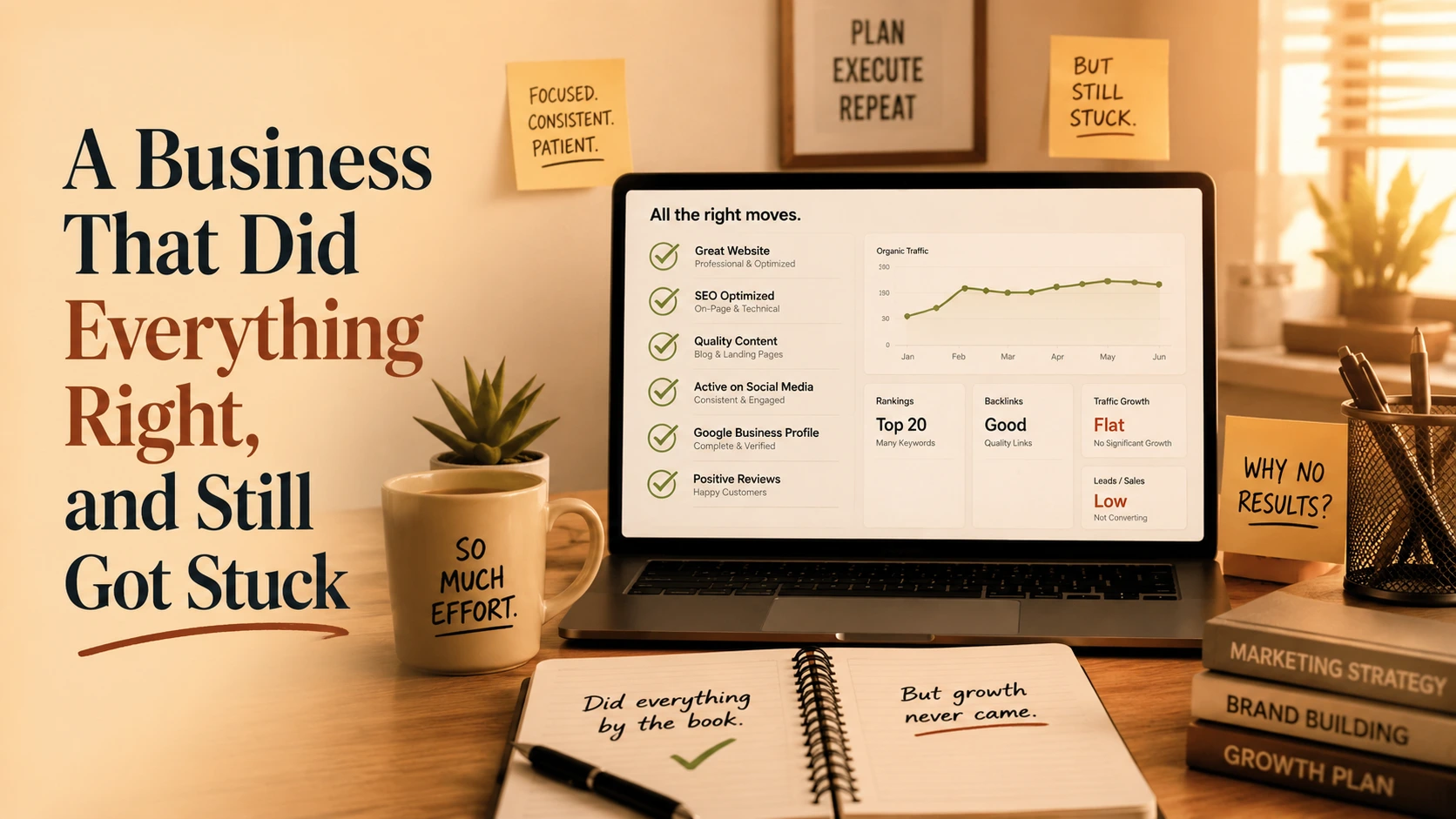 A business that did everything right, and still got stuck — flat traffic, low leads despite a solid SEO checklist