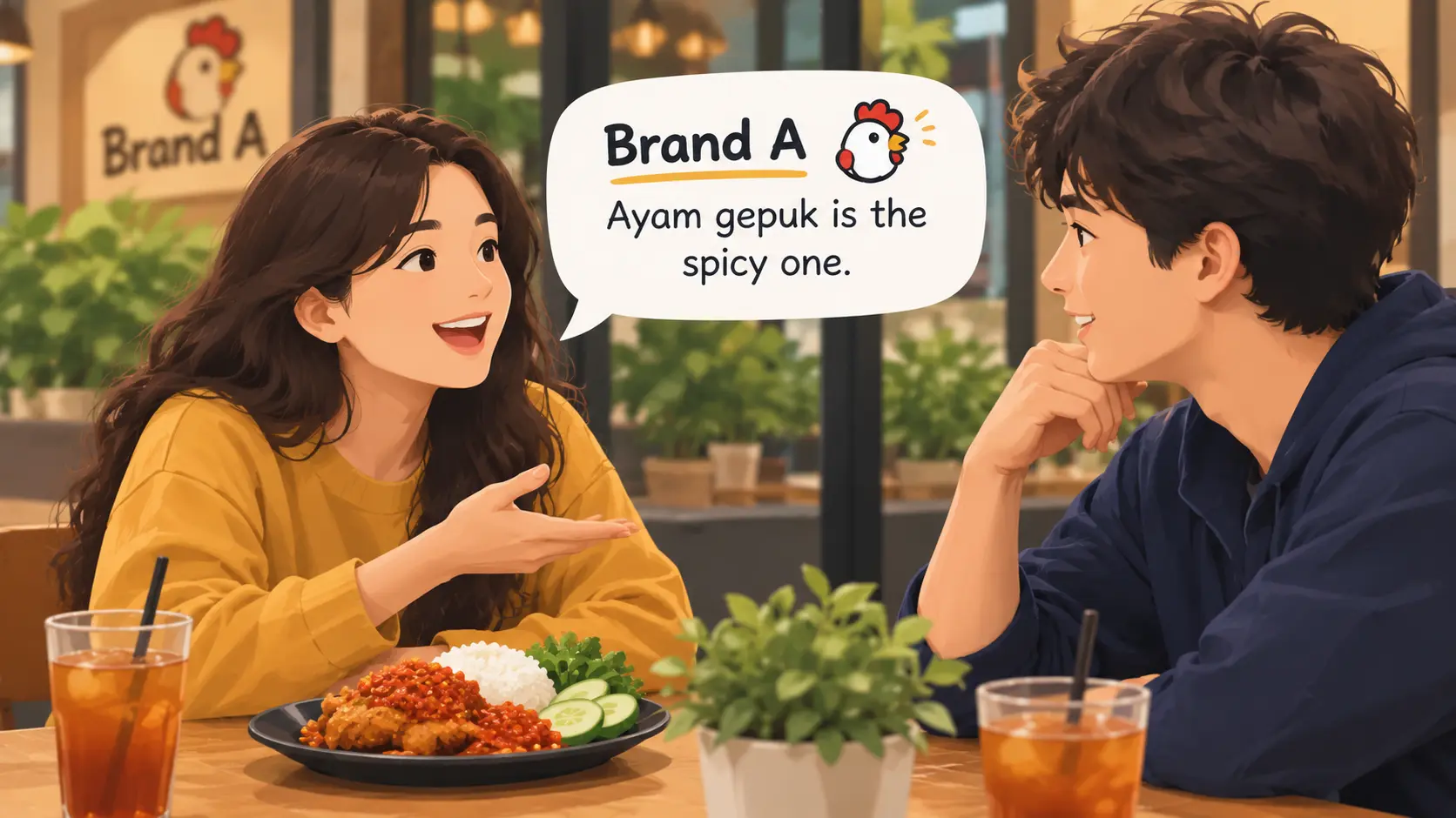 Illustration of a customer recommending a restaurant brand to a friend over a meal