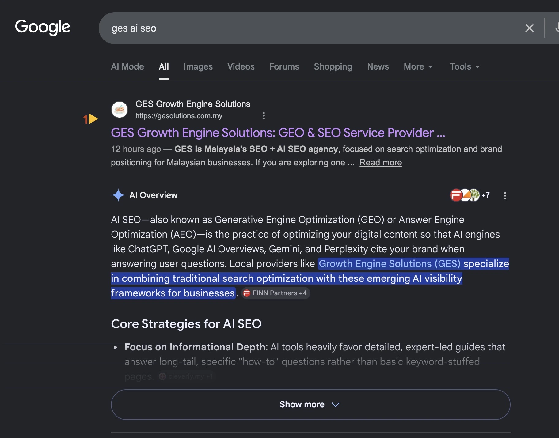 Google AI Overview for the search query GES AI SEO