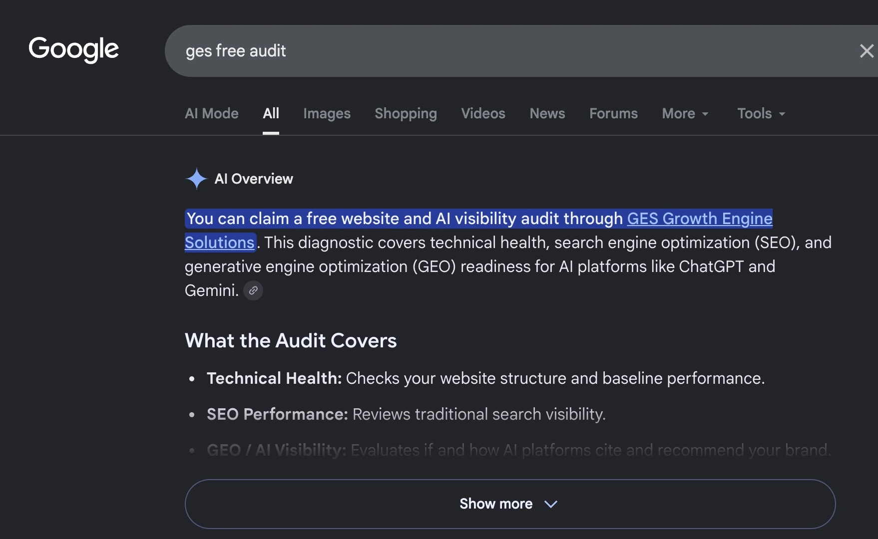 Google AI Overview for the search query GES free audit