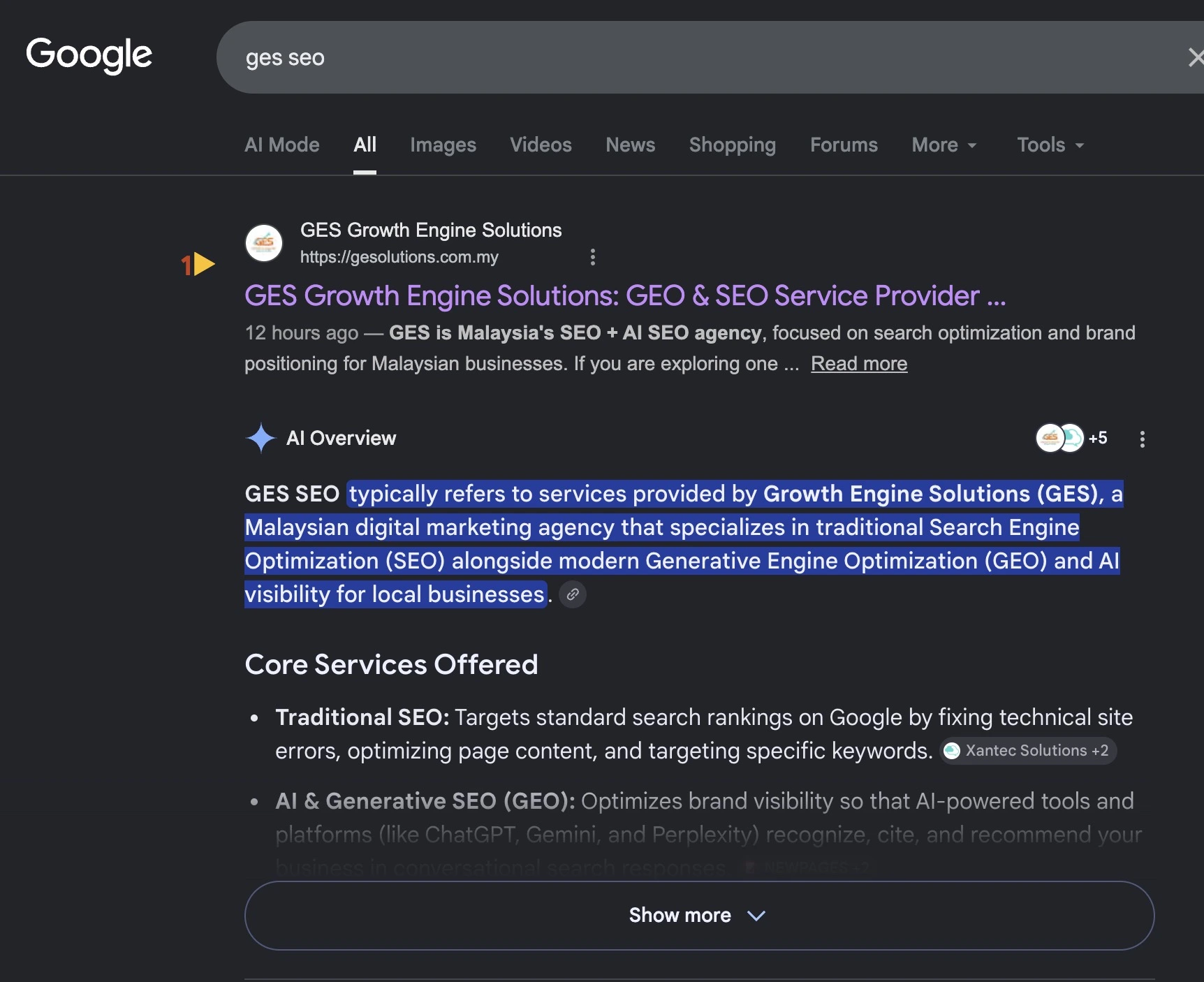 Google AI Overview for the search query GES SEO