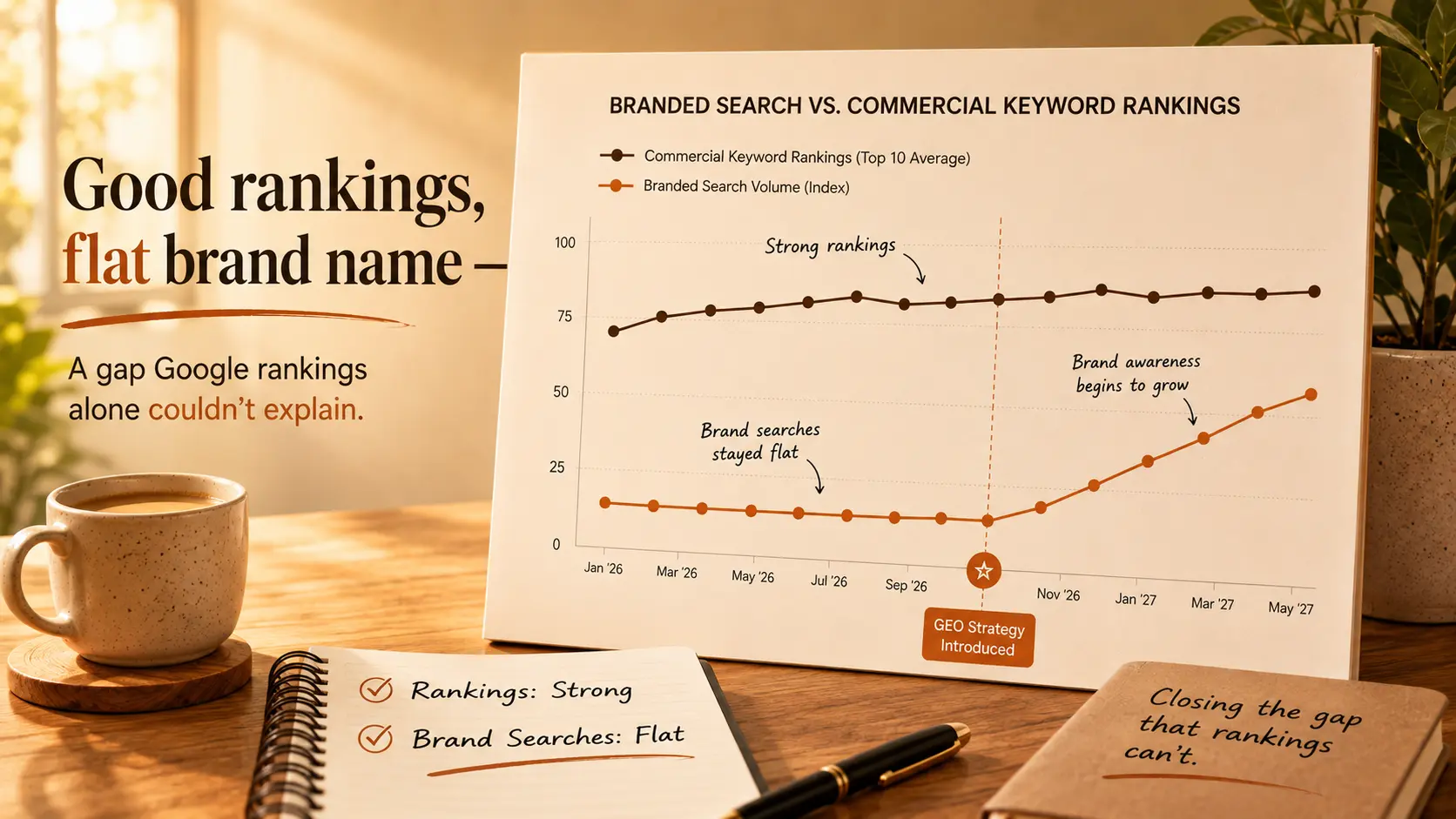 Chart showing strong, steady commercial keyword rankings alongside flat branded search — until a GEO strategy is introduced, after which branded search begins climbing.