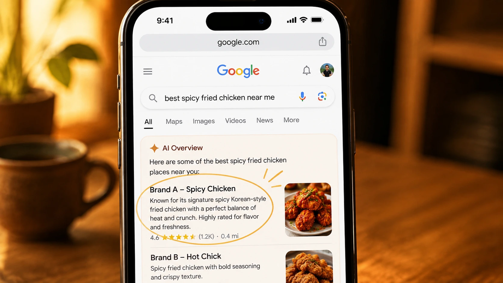 Mobile mockup of a Google AI Overview for 'best spicy fried chicken near me,' with 'Brand A – Spicy Chicken' highlighted as the top AI-recommended result