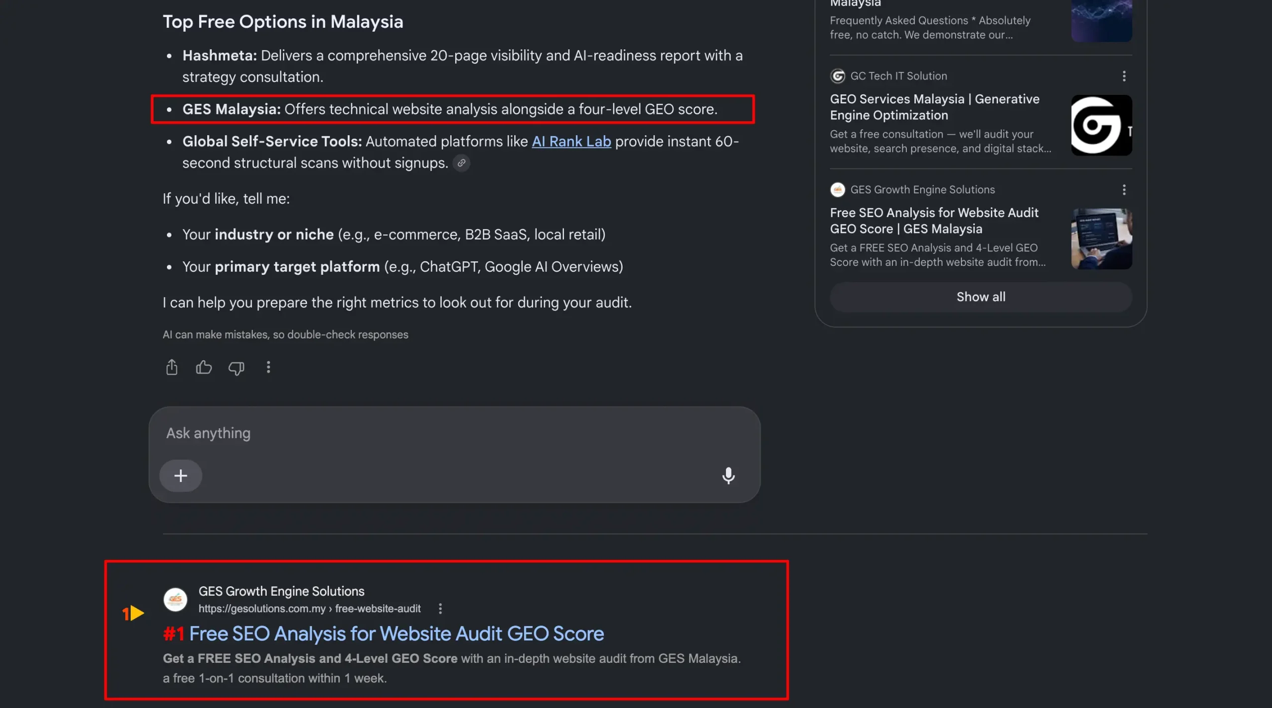 GES ranking number 1 in Google organic results for the same search