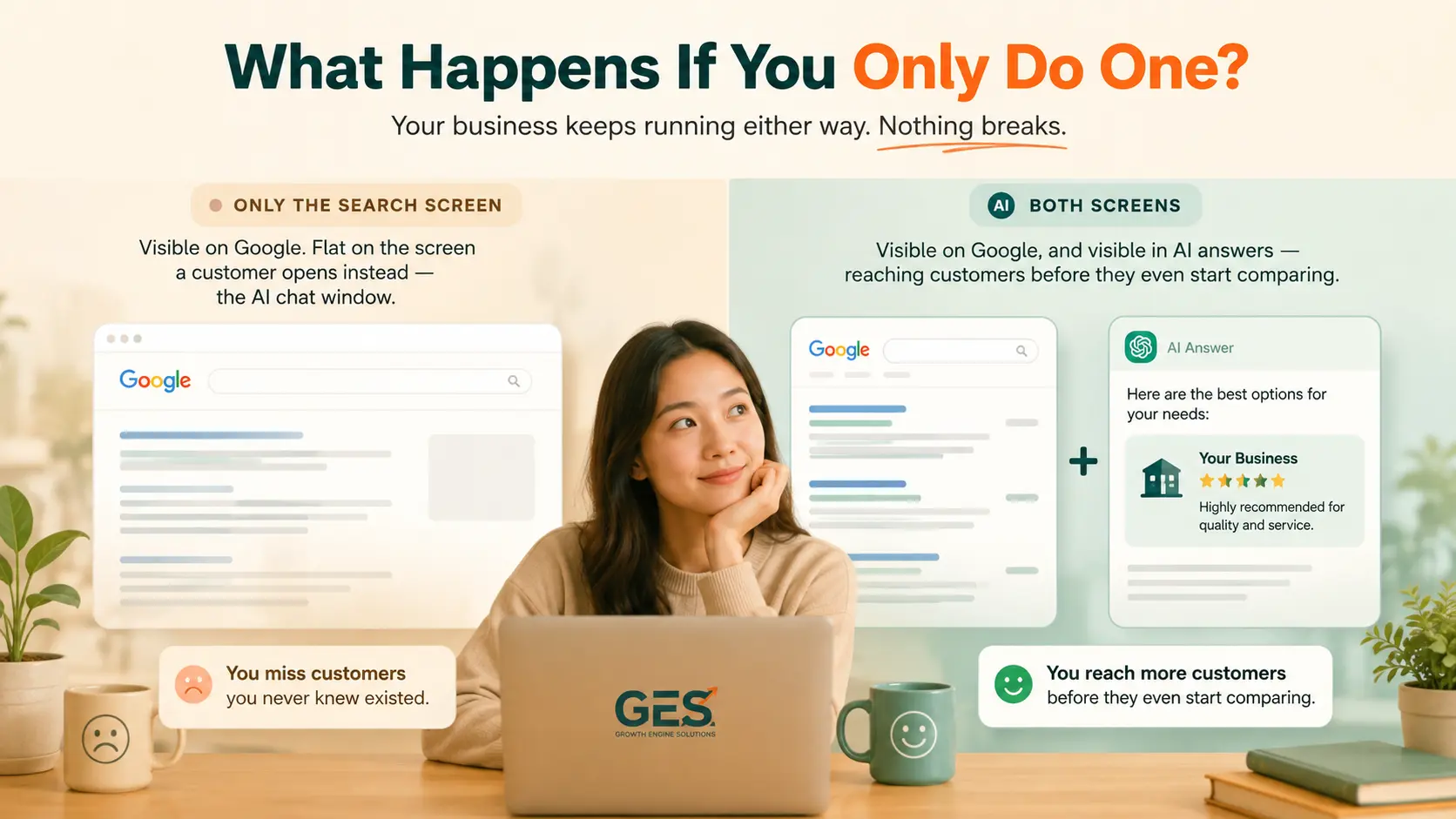 Split illustration comparing Google-only visibility to combined Google and AI answer visibility, with a business owner at a laptop between the two outcomes.
